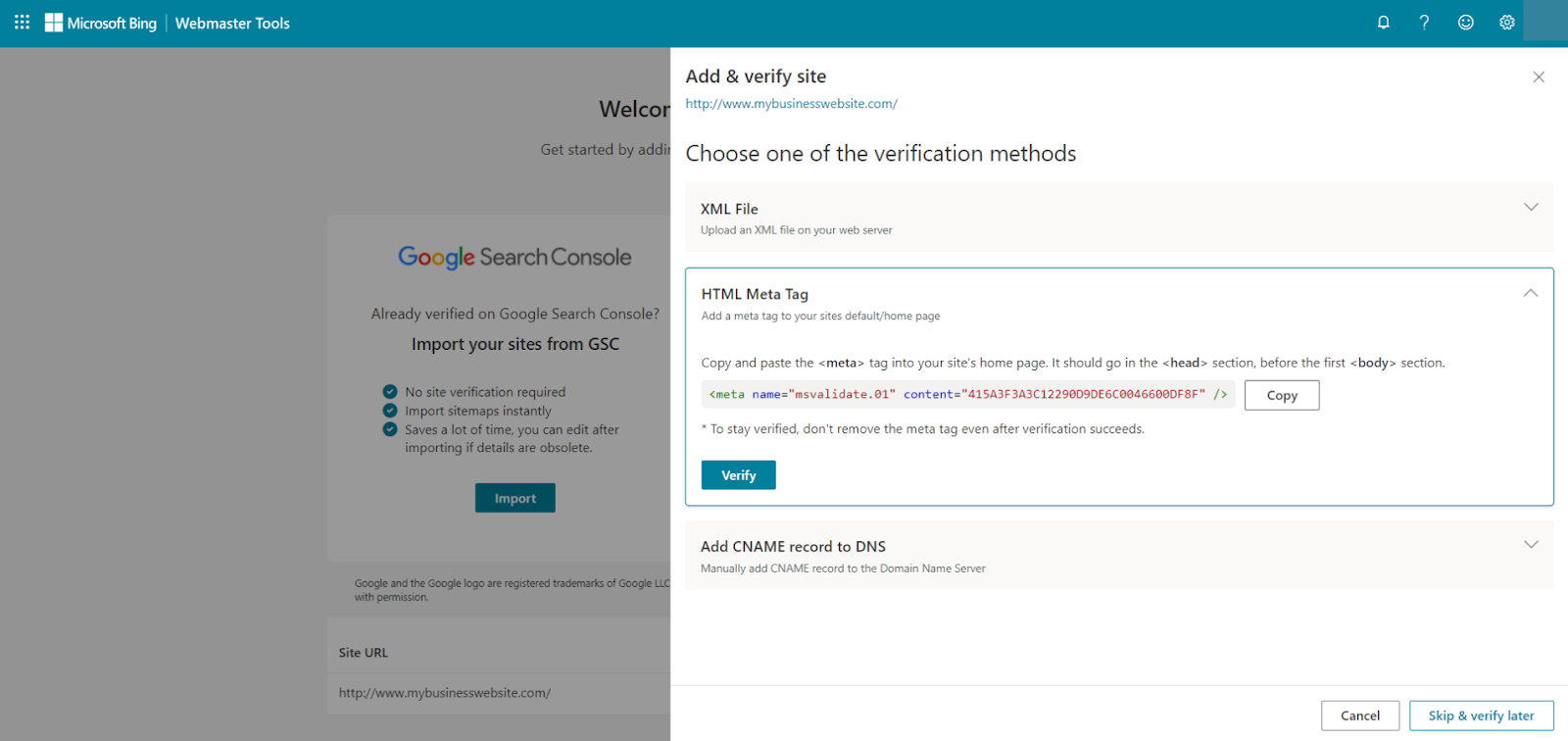 Code Bing webmaster tools