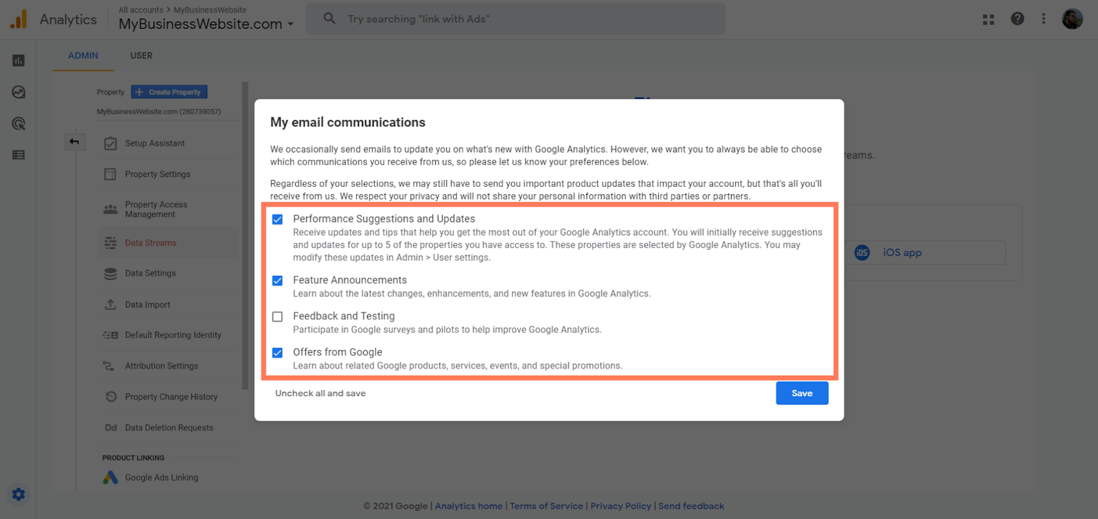 Communications par mail Google Analytics