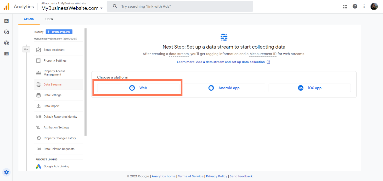 Google analytics stream setup