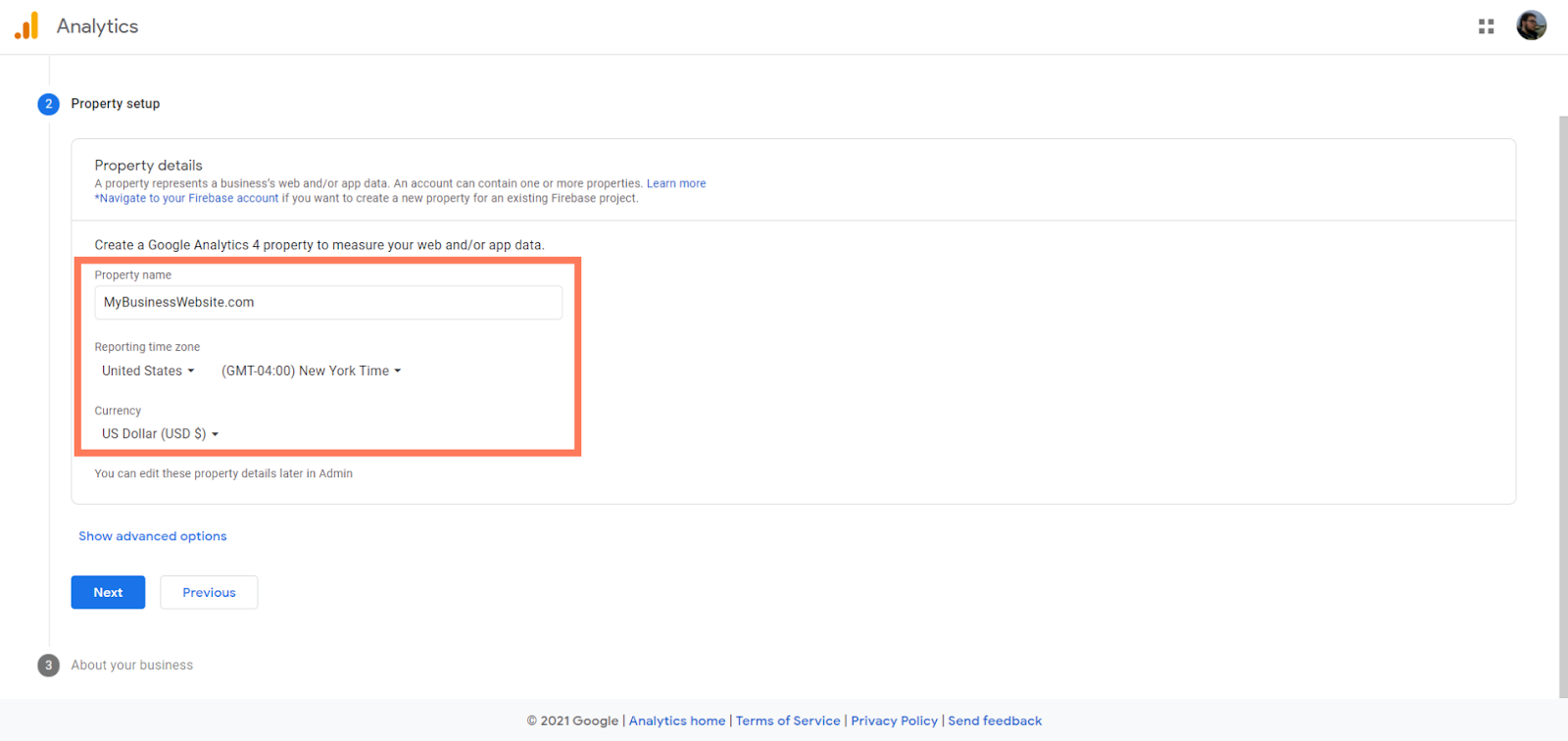 Google analytics property setup