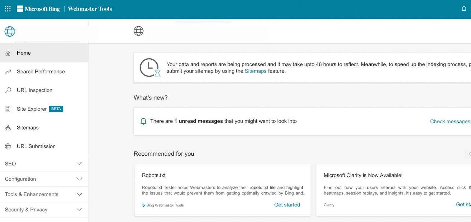 Bing webmaster tools dashboard