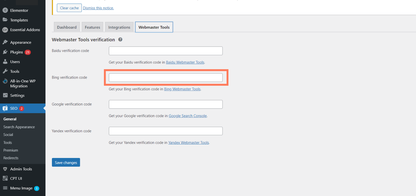 Wordpress Configuration Bing webmaster tools