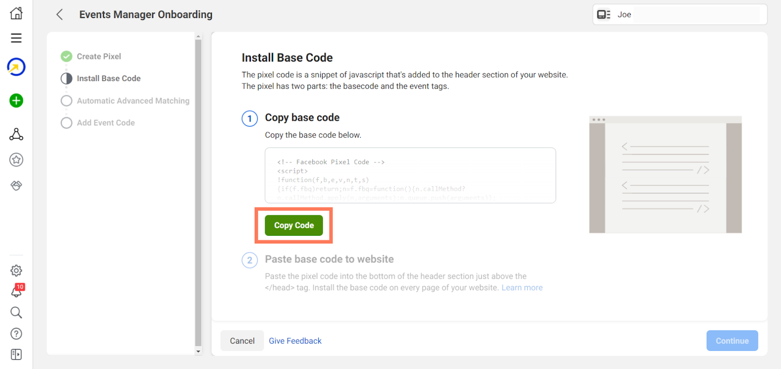 Copy Facebook Pixel code